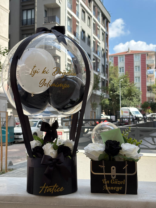 Sevgiliye Lüks Siyah Hediye Kutusu – Balon ve Çiçek Aranjmanı