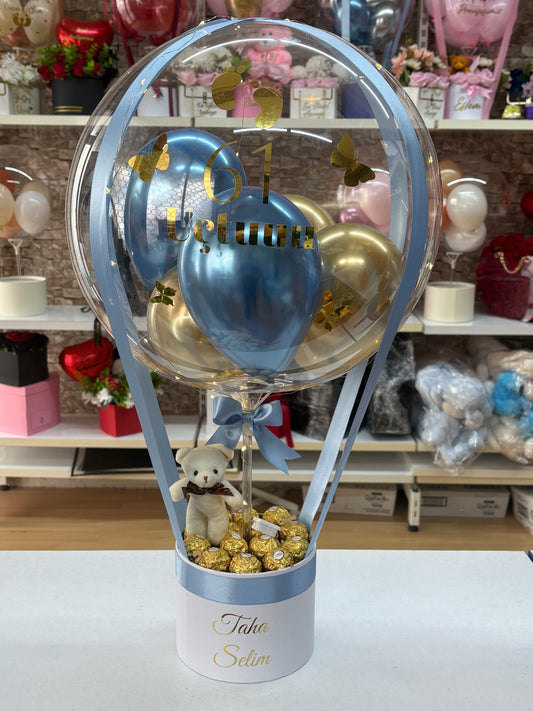 Kişiye Özel Mavi Bebek Temalı Balon Kutusu – Ayıcıklı & Çikolatalı Premium Tasarım