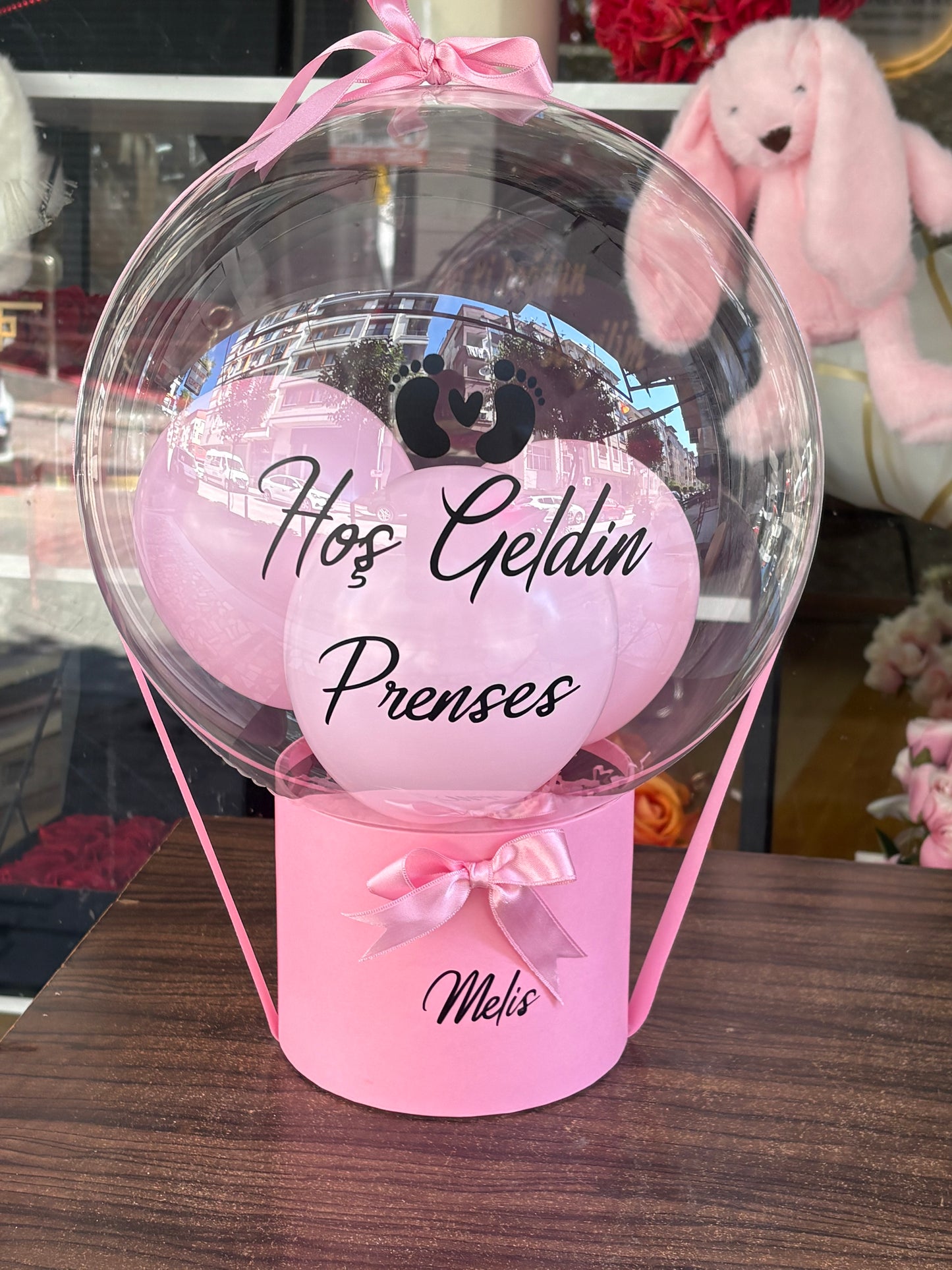 Kişiye Özel Pembe Bubble Balon Kutusu – Yenidoğan Kız Bebek