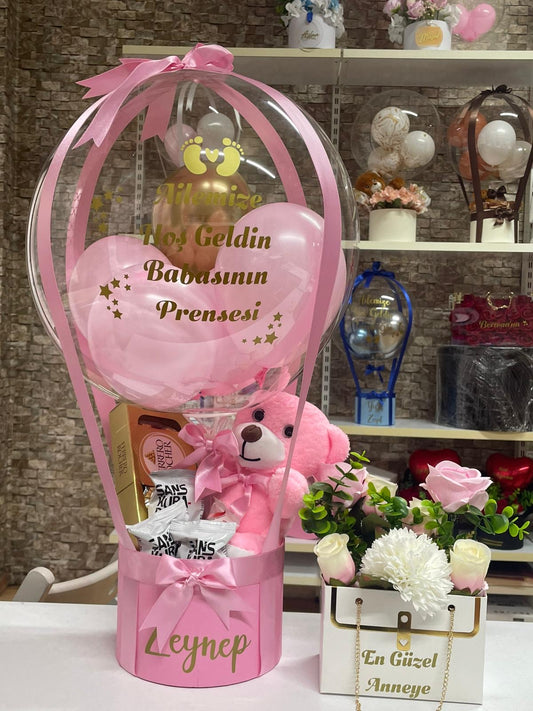 Ayıcıklı Çikolatalı Pembe Balon Kutusu | BaloonLuxury