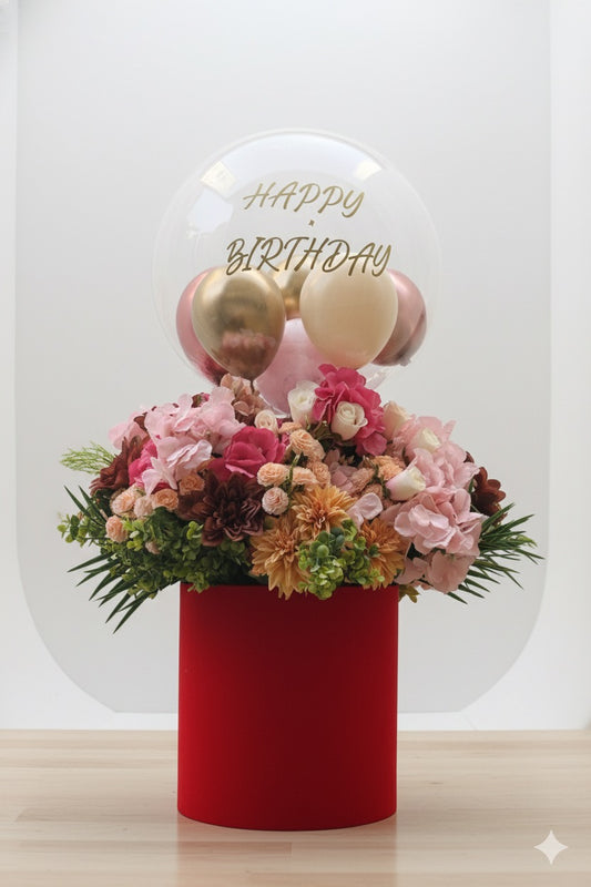 Aura Gift Box – Lüks Kadife Kutuda Balon ve Çiçek Aranjmanı