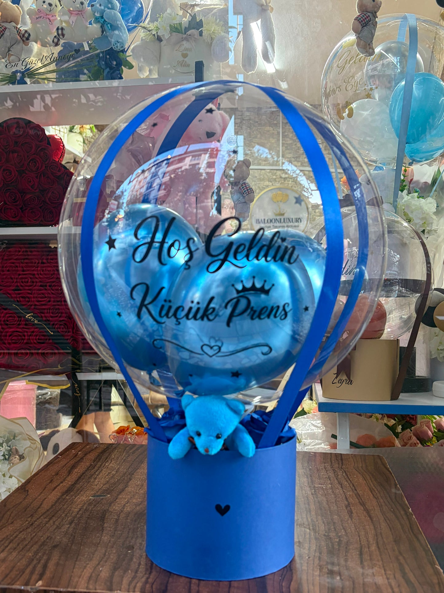 Hoş Geldin Prens– Kişiye Özel Mavi Ayıcıklı Şeffaf Balon Hediye Kutusu