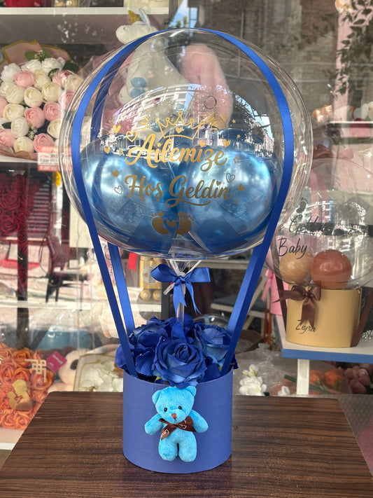 Kişiye Özel Hoş Geldin Prenses / Küçük Prens Balon – Peluş Ayıcık & Çiçekli Hediye