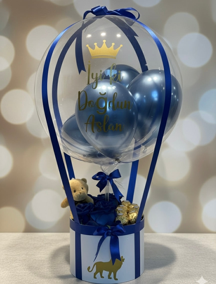 Aslan Temalı Premium Balon Çiçek Kutusu – Kişiye Özel Doğum Günü Hediyesi