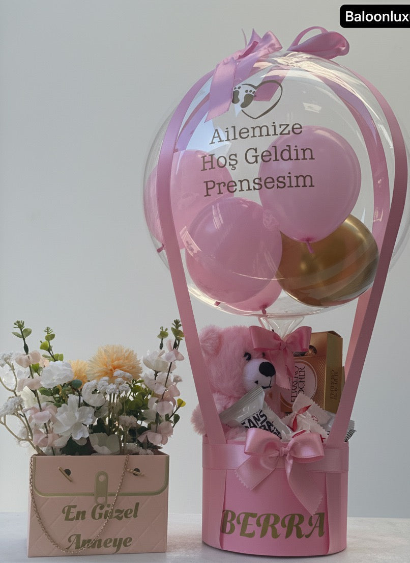 Ayıcıklı Çikolatalı Pembe Balon Kutusu | BaloonLuxury