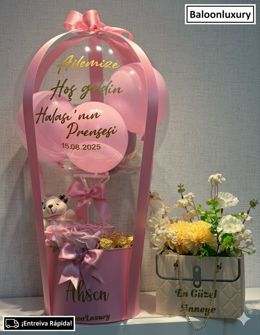 Çikolatalı Yeni Doğan Hediye Seti – Pembe Balon Kutusu (Ferrero & Kadife Gül)