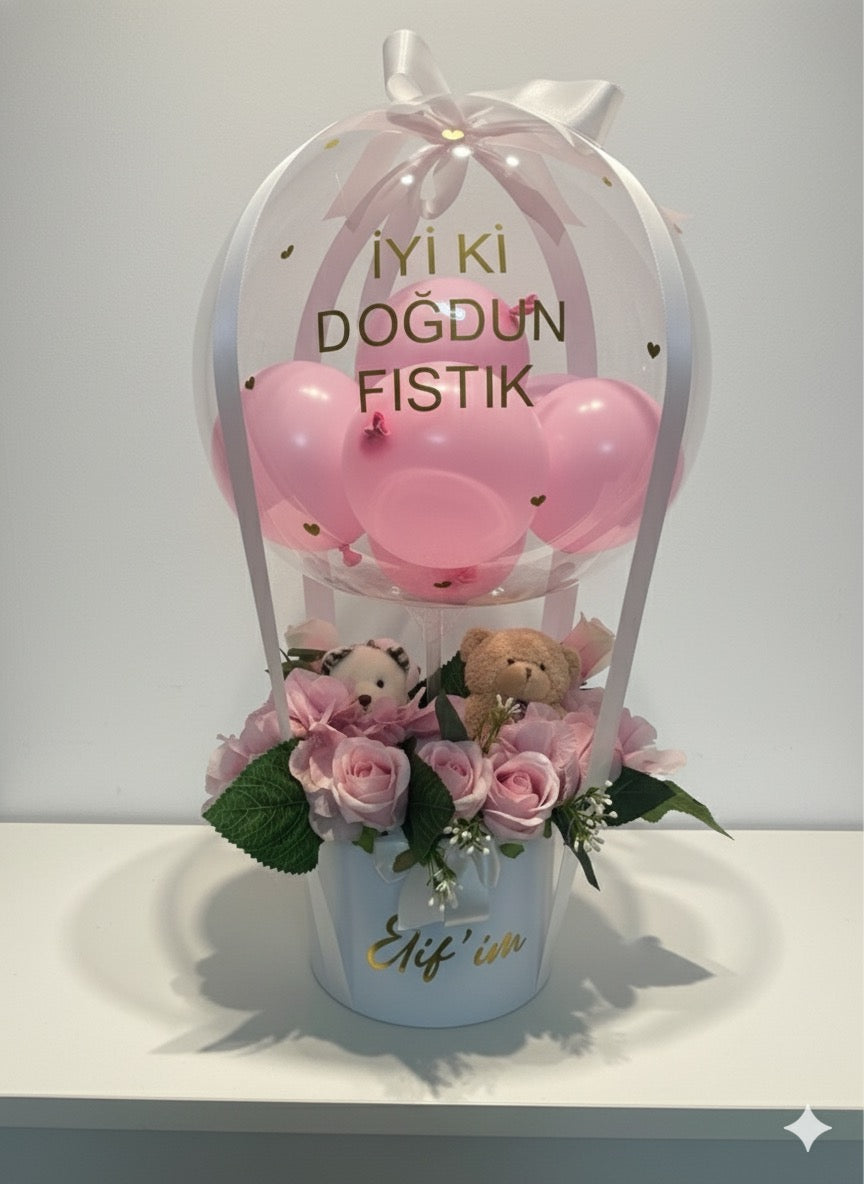 Ayıcıklı Çiçekli Doğum Günü Hediye Balon Kutusu