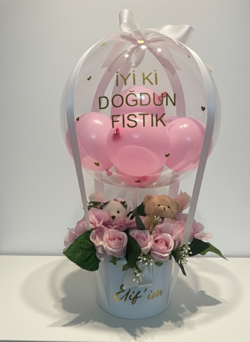 Ayıcıklı Çiçekli Doğum Günü Balon Kutusu | BaloonLuxury