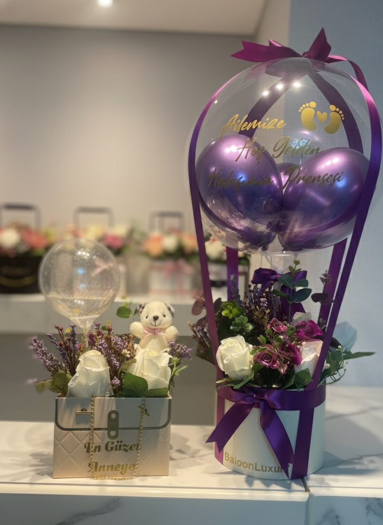 Mor Bebek Hediye Balon Kutusu – Kişiye Özel Prenses Seti