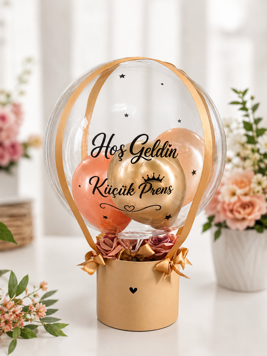 Hoş Geldin Küçük Prens – Kişiye Özel Şeffaf Balon ve Çiçek Kutusu Bebek Hediyesi