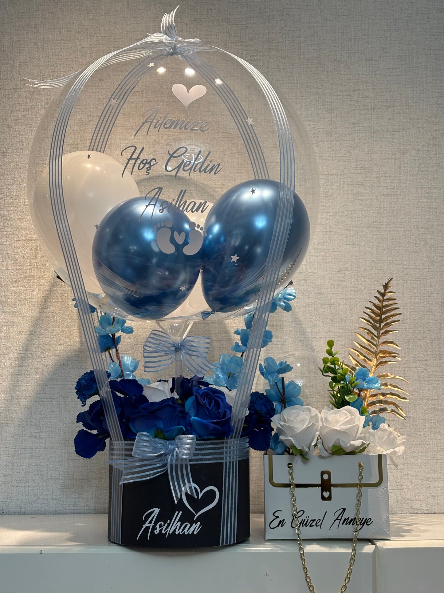 Blue Grace Welcome Set – Hoş Geldin Bebek Balon & Hediye Kutusu