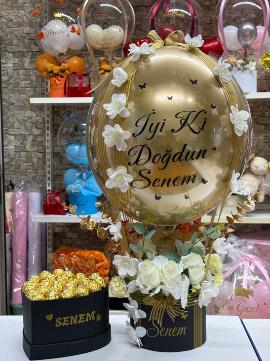 Kişiye Özel Gold Balon & Çikolata Hediye Seti – Yapay Çiçek Aranjmanı