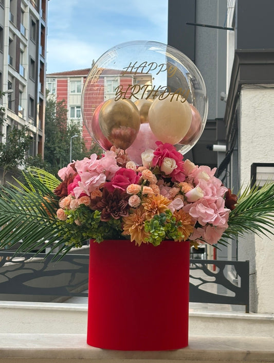 Aura Gift Box – Lüks Kadife Kutuda Balon ve Çiçek Aranjmanı