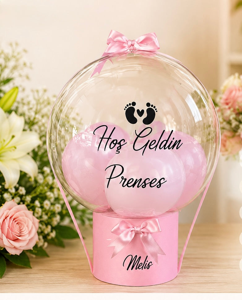 Kişiye Özel Pembe Bubble Balon Kutusu – Yenidoğan Kız Bebek