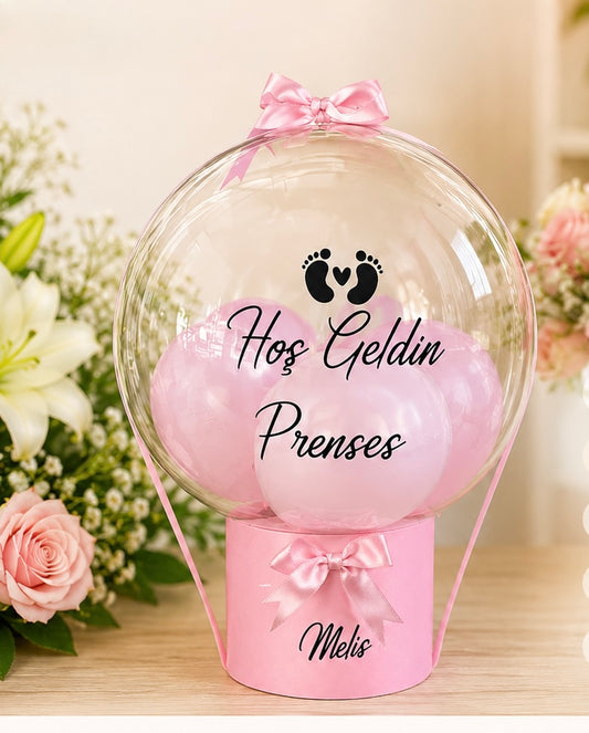 Kişiye Özel Pembe Bubble Balon Kutusu – Yenidoğan Kız Bebek