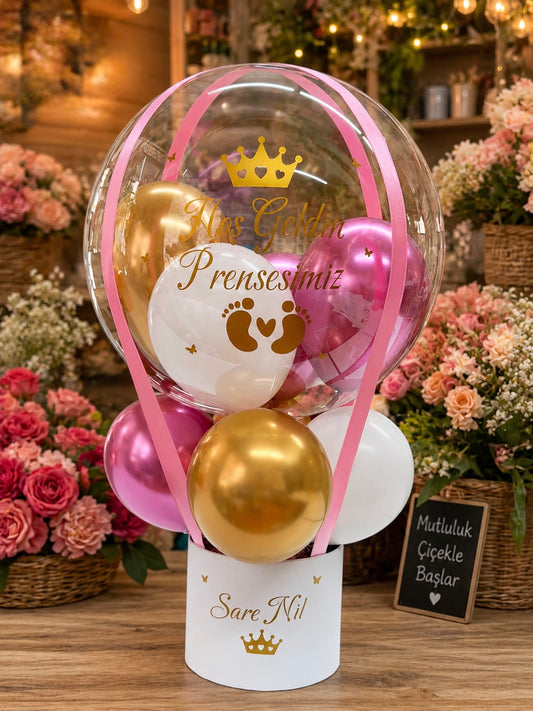 Hoş Geldin Prensesimiz Kişiye Özel Şeffaf Bubble Balon Kutusu – Yeni Doğan Kız Bebek Hediyesi