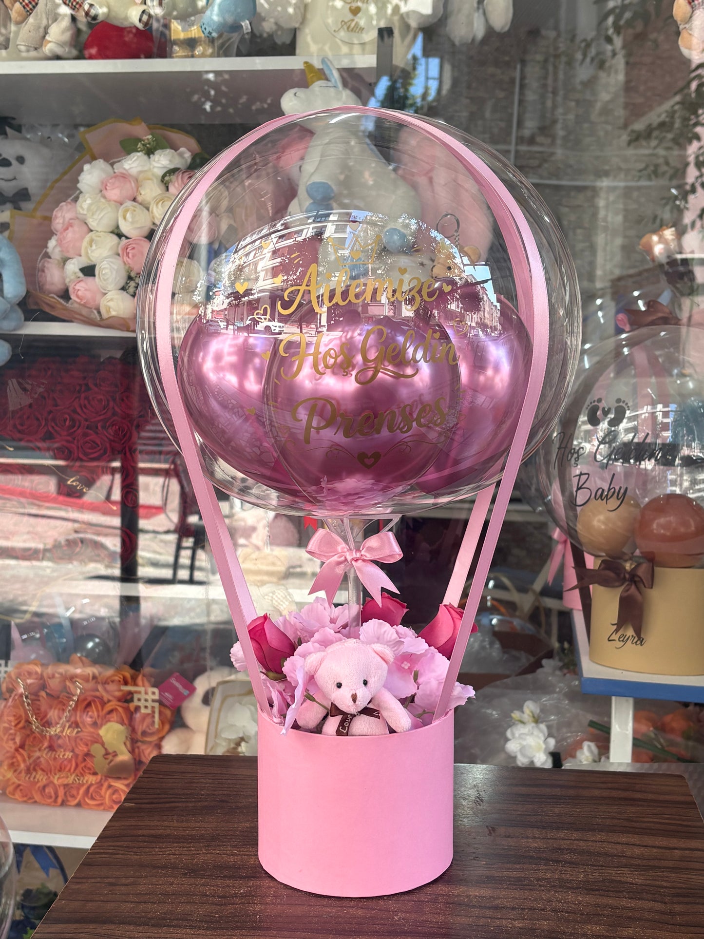 Kişiye Özel Hoş Geldin Prenses / Küçük Prens Balon – Peluş Ayıcık & Çiçekli Hediye