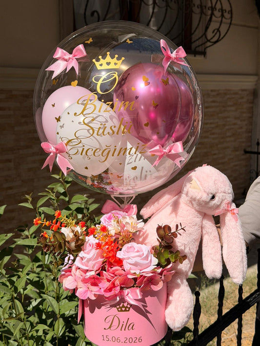 Hoş Geldin Bebek Hediyesi: İsim Yazılı Balon ve Pembe Tavşan Seti