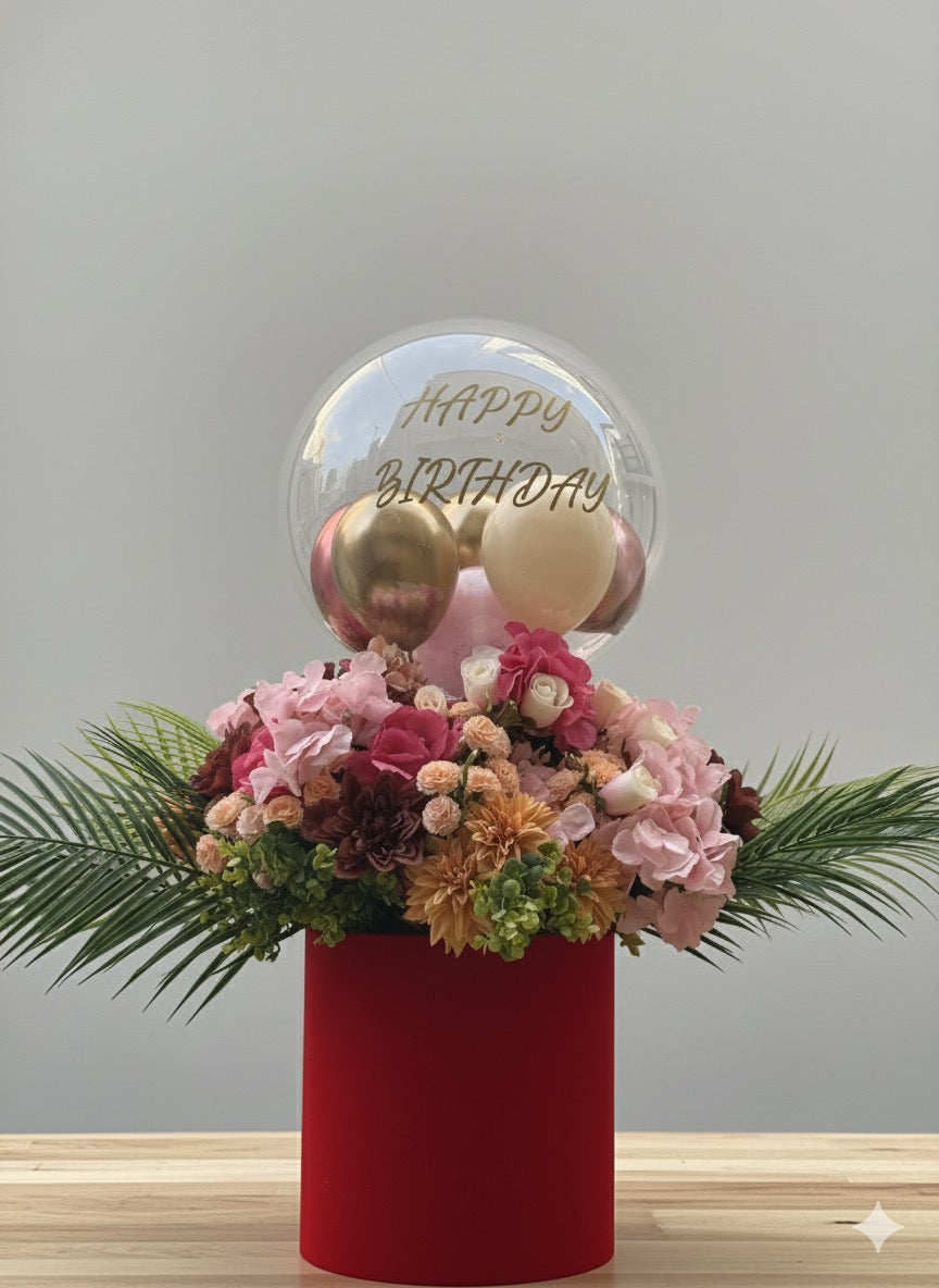 Aura Gift Box – Lüks Kadife Kutuda Balon ve Çiçek Aranjmanı