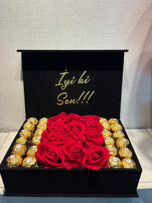 Premium Aşk Balon & Ferrero Rocher Gül Hediye Kutusu – Sevgiliye Özel Romantik Set