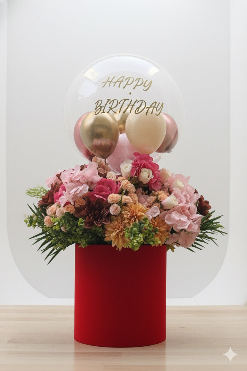 Aura Gift Box – Lüks Kadife Kutuda Balon ve Çiçek Aranjmanı