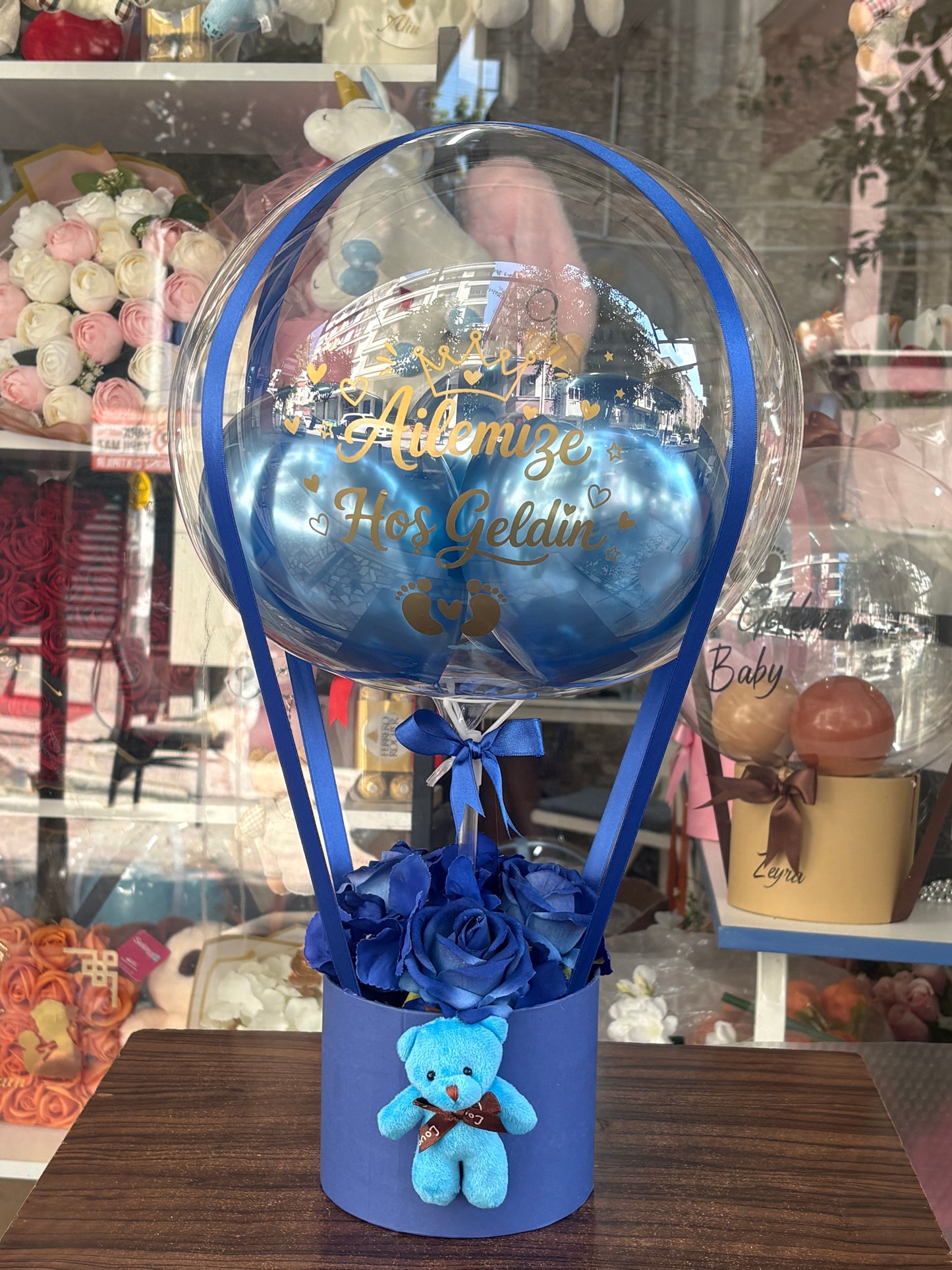 Kişiye Özel Hoş Geldin Prenses / Küçük Prens Balon – Peluş Ayıcık & Çiçekli Hediye