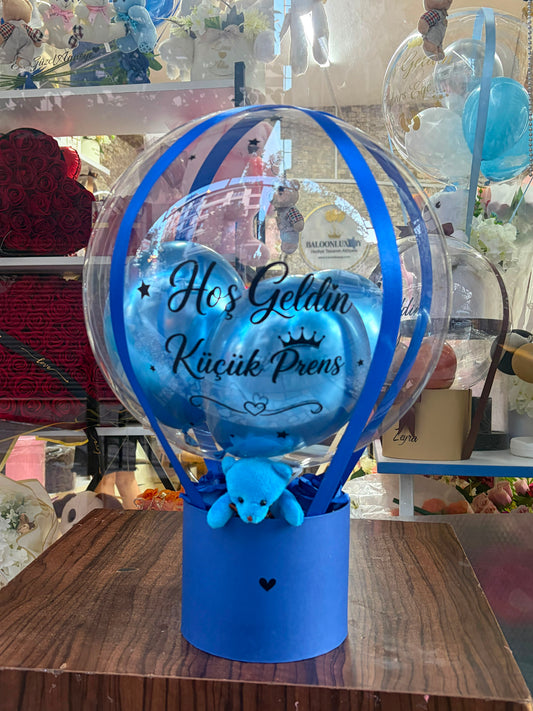 Hoş Geldin Prens– Kişiye Özel Mavi Ayıcıklı Şeffaf Balon Hediye Kutusu