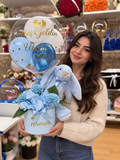 Mavi Tavşanlı Hoş Geldin Bebek Balon ve Çiçek Aranjmanı