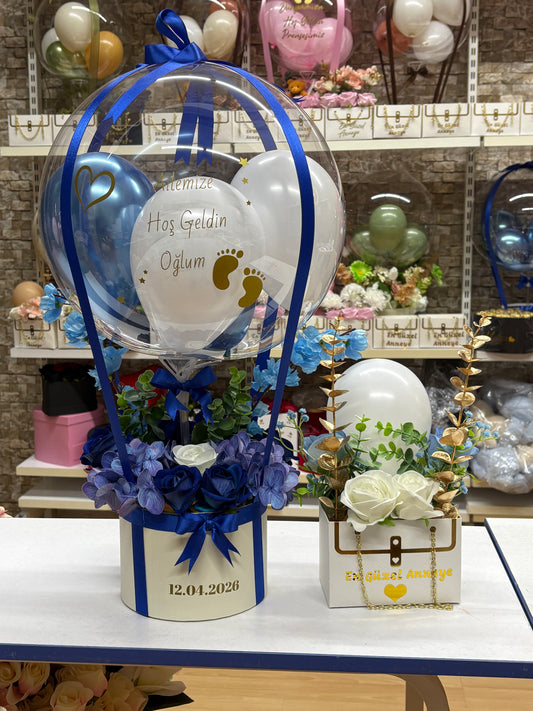 Blue Grace Welcome Set – Hoş Geldin Bebek Balon & Hediye Kutusu