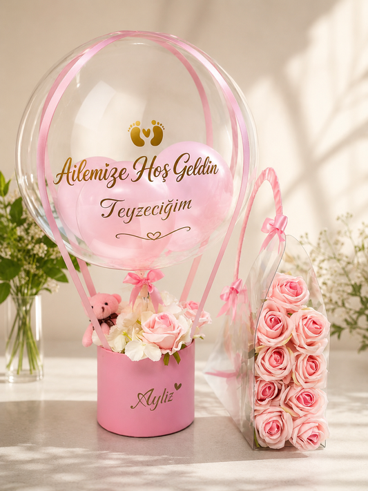 Yeni Doğan Bebek Hoş Geldin Balon ve Pembe Gül Hediye Seti | Kişiye Özel Bebek Hediyesi