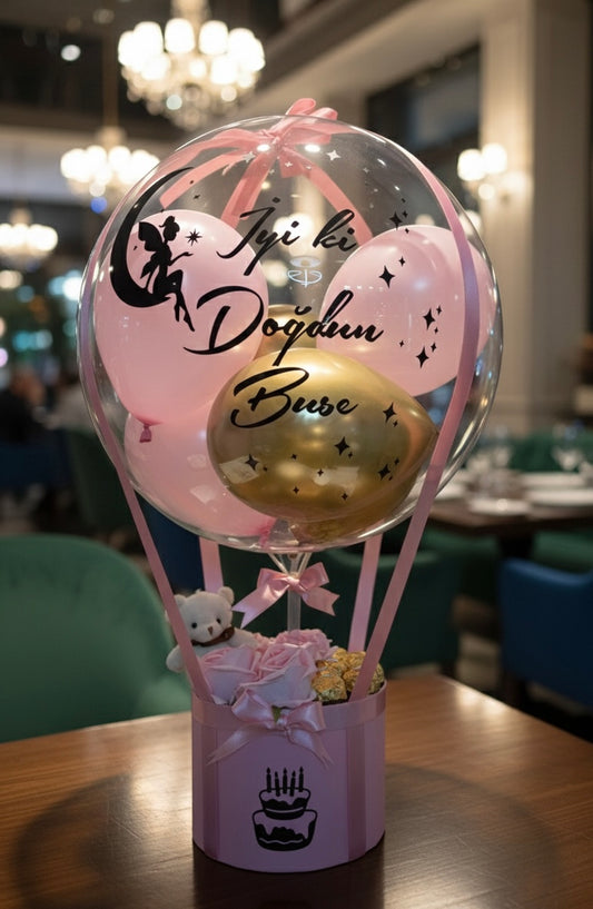 Kişiye Özel Şeffaf Bubble Balon Kutusu – Pembe & Gold Doğum Günü Konsepti (İyi ki Doğdun)
