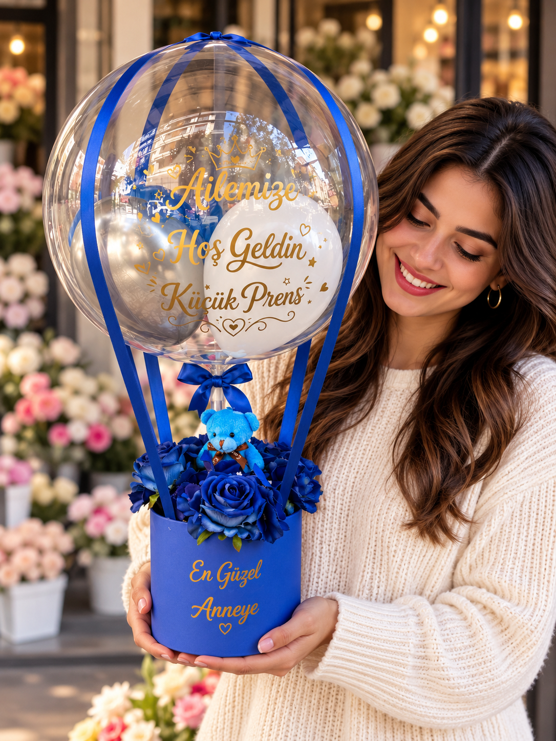 Kişiye Özel Hoş Geldin Prenses / Küçük Prens Balon – Peluş Ayıcık & Çiçekli Hediye