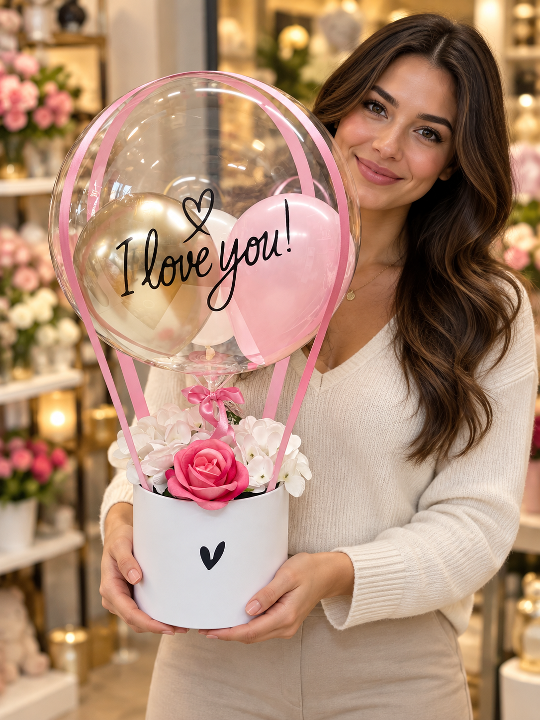 Pembe ve beyaz çiçeklerle süslenen şeffaf balon kutusuyla sevgilinize zarif bir doğum günü hediyesi verin. Balon mesajını kişiye özel hazırlatın.