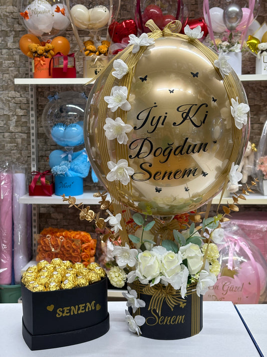 Kişiye Özel Gold Balon & Çikolata Hediye Seti – Yapay Çiçek Aranjmanı
