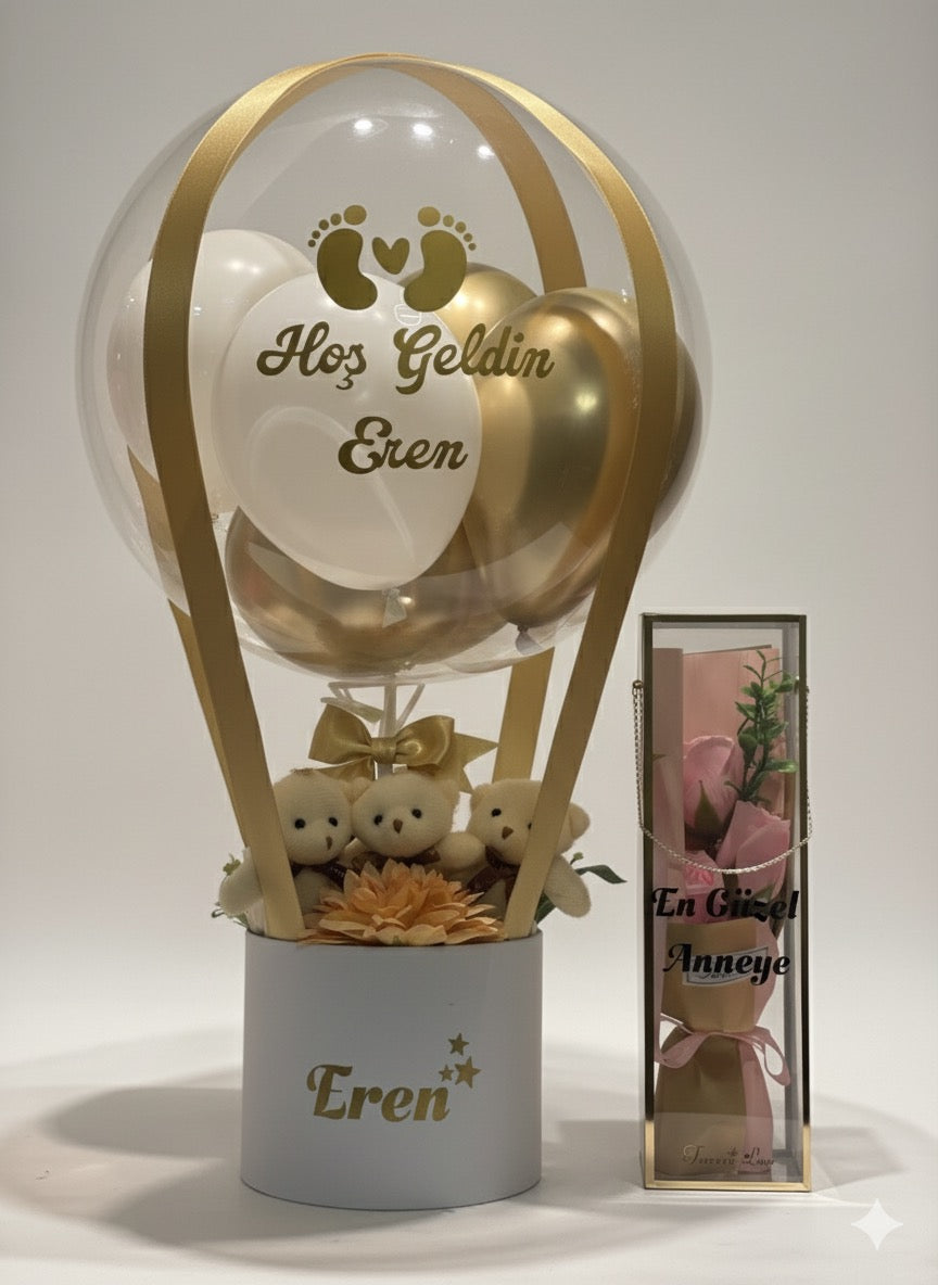 Hoş Geldin Bebek Balon Kutusu & Peluşlu Bebek Karşılama Aranjmanı