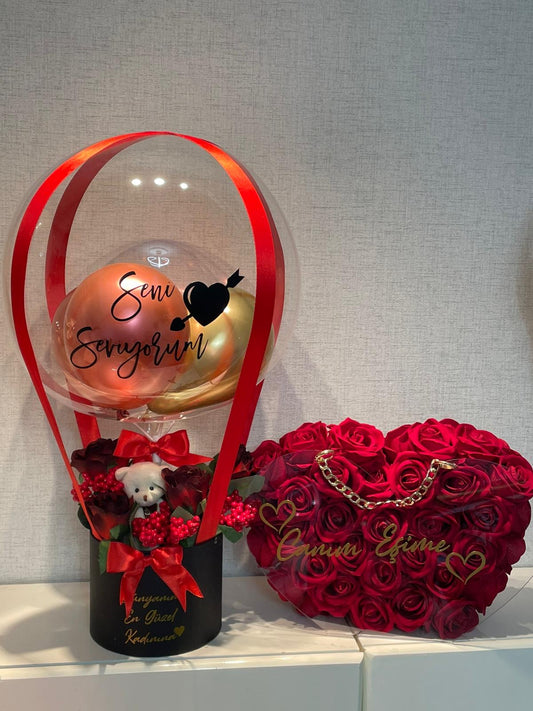 Romantik Aşk Balon Kutusu ve Kalp Gül Aranjmanı – Sevgiliye Özel Hediye Seti