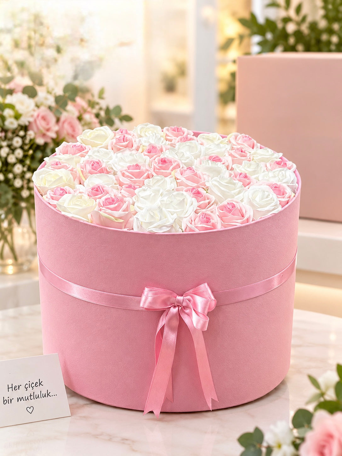 Dev Kadife Gül Kutusu – Pembe & Beyaz Premium Gül Aranjmanı