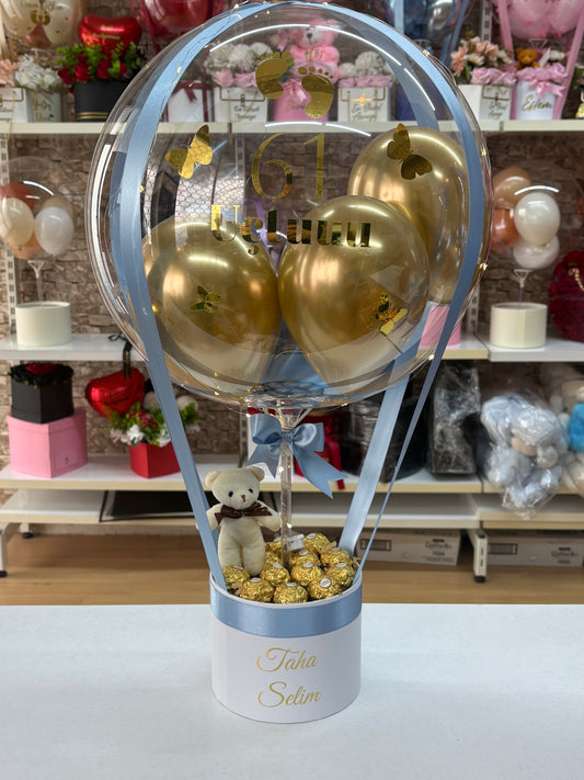 Kişiye Özel Mavi Bebek Temalı Balon Kutusu – Ayıcıklı & Çikolatalı Premium Tasarım