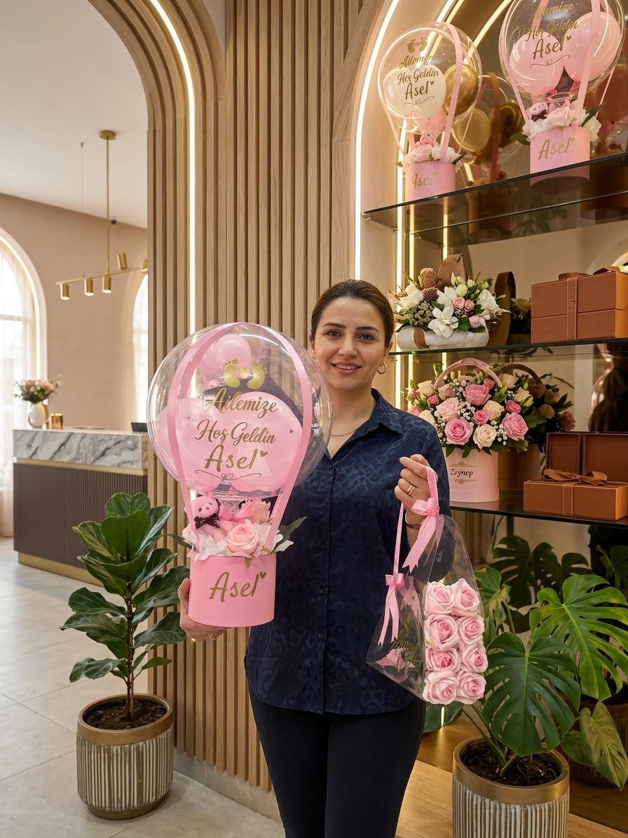 Yeni Doğan Bebek Hoş Geldin Balon ve Pembe Gül Hediye Seti | Kişiye Özel Bebek Hediyesi