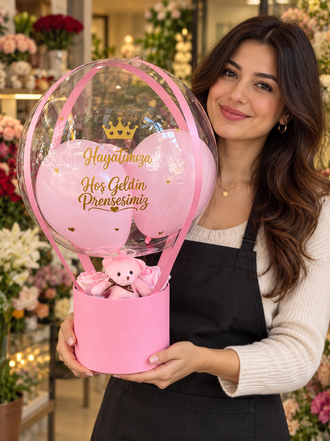 Hoş Geldin Prensesim – Kişiye Özel Pembe Ayıcıklı Şeffaf Balon Hediye Kutusu