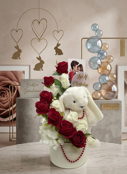 Fotoğraflı Gül Kutusu & Peluş Tavşan Seti