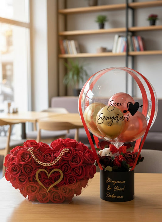 Romantik Aşk Balon Kutusu ve Kalp Gül Aranjmanı – Sevgiliye Özel Hediye Seti