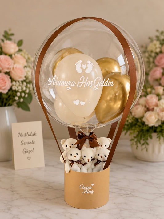 Kişiye Özel Ayıcıklı Hoş Geldin Bebek Balon Kutusu – İsme Özel Yenidoğan Hediye