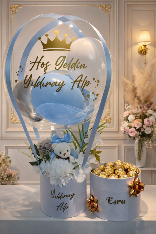 Hayal Bebek Hediye Seti – Kişiye Özel Balonlu Yenidoğan Erkek Bebek Kutusu
