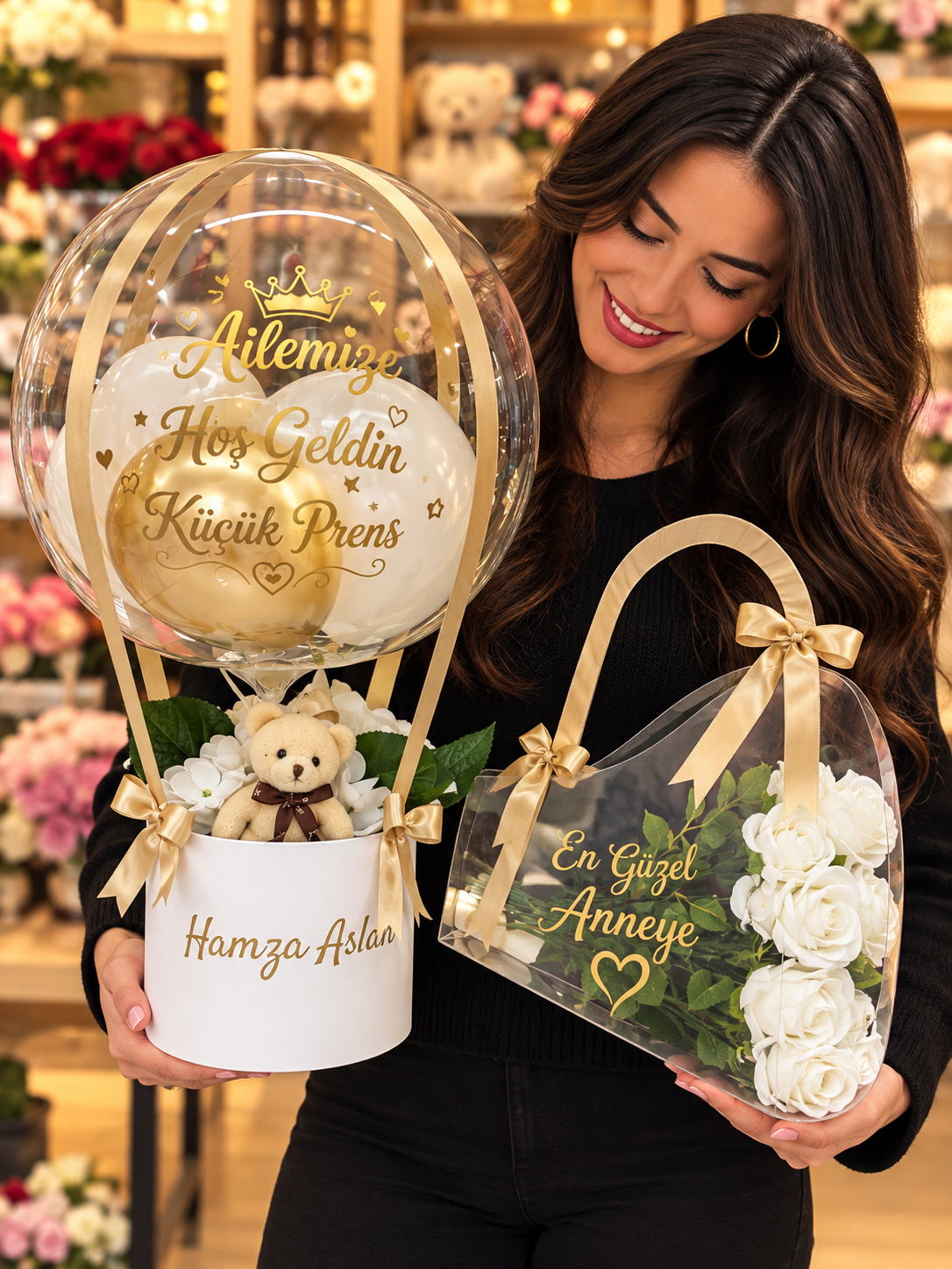 Erkek Bebek Hoş Geldin Balonu ve Anneye Özel Beyaz Gül Çanta Hediye Seti