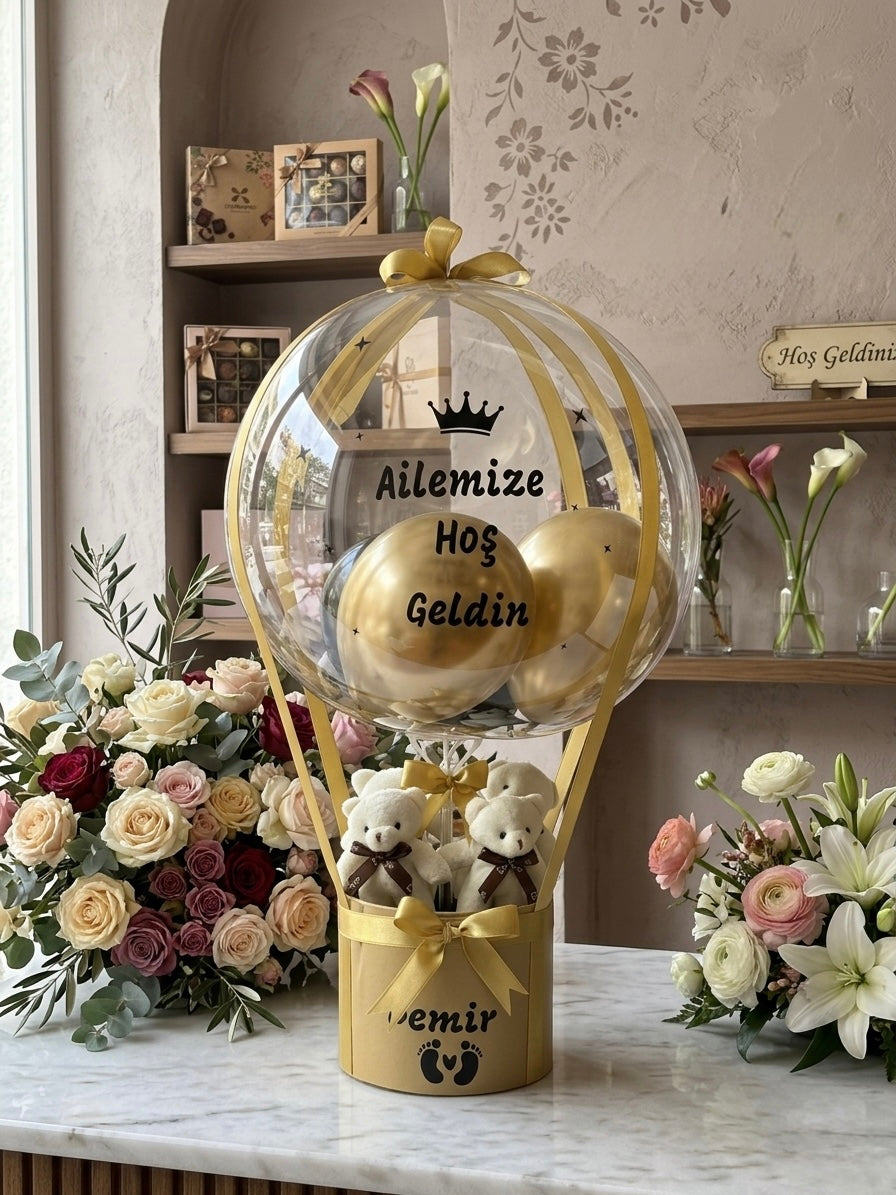 İsimli Yeni Doğan Bebek Hediyesi - Balon Konseptli Peluş Ayı Kutusu