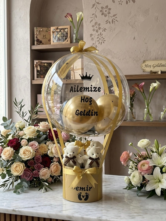 İsimli Yeni Doğan Bebek Hediyesi - Balon Konseptli Peluş Ayı Kutusu