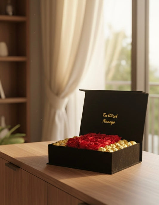 Kişiye Özel Anneler Günü Gül & Ferrero Rocher Çikolata Kutusu – Premium Hediye Box