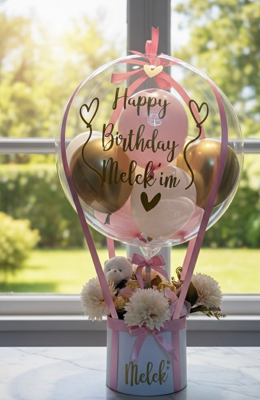 Pembe Gold Doğum Günü Balon Kutusu – Kişiye Özel Mesajlı Hediye