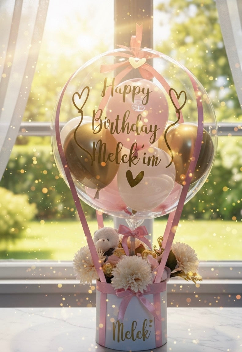 Pembe Gold Doğum Günü Balon Kutusu – Kişiye Özel Mesajlı Hediye